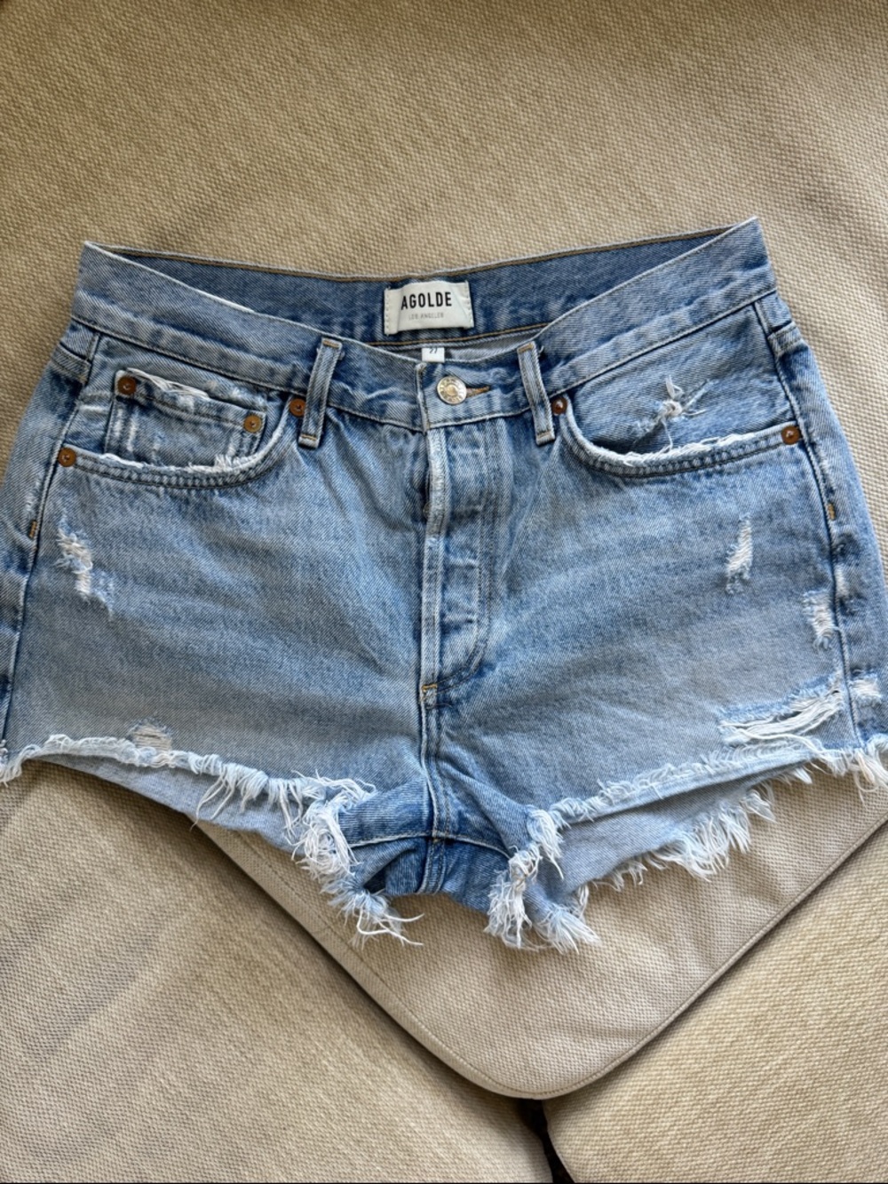 Agolde Light Blue Distressed Denim Shorts
